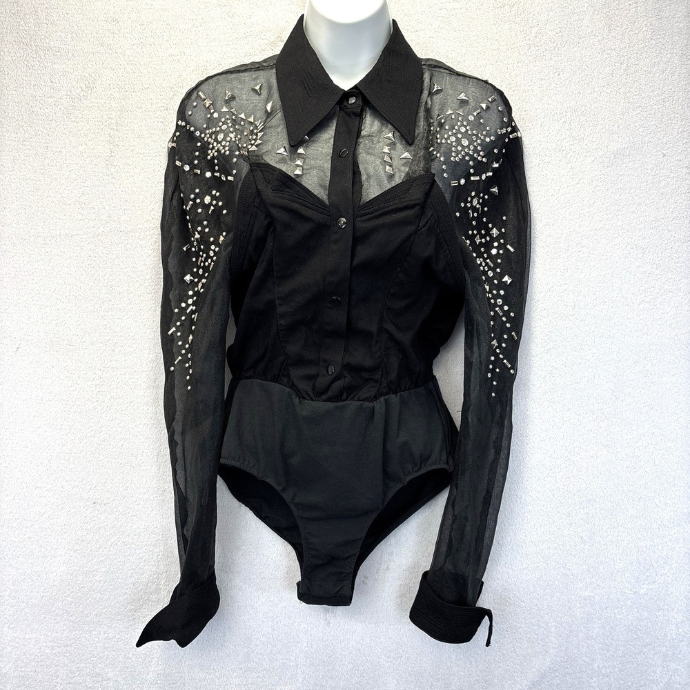 Lillie Rubin Studded Blouse Bodysuit Shirt Womens Small Sheer Top Goth Moto Punk